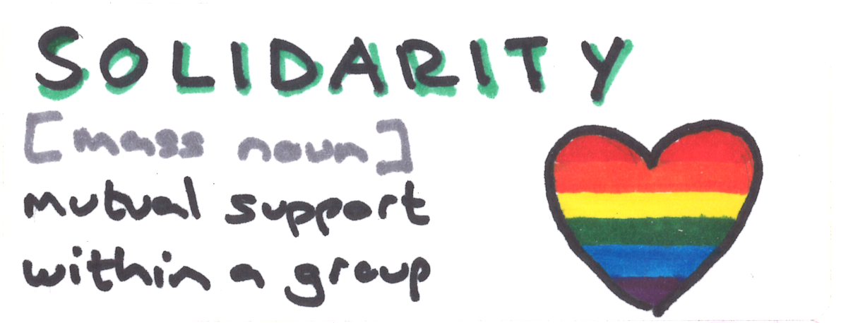 A Sticker which reads: Solidarity - Pride Flag Heart